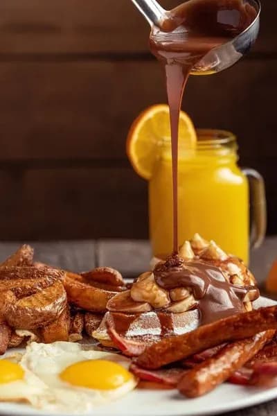 Chocolate syrup drizzles over French toast, alongside fried eggs, sausages, and orange juice.